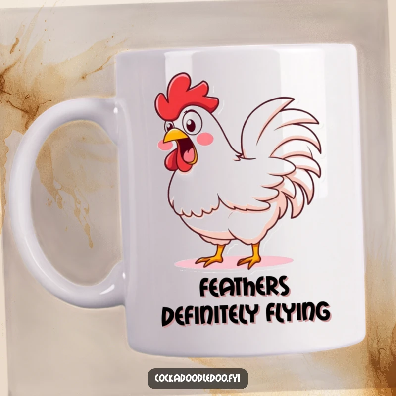 Funny Shocked Rooster Mug: A rooster with wide eyes, exclaiming in surprise while shaking its fluffy tail feathers.