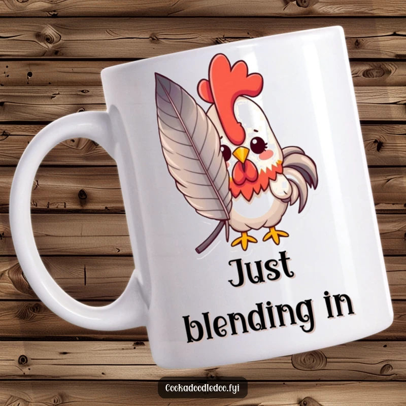 Funny peeking kawaii rooster mug with a shy rooster peeking from behind a large feather, a cute funny gift.