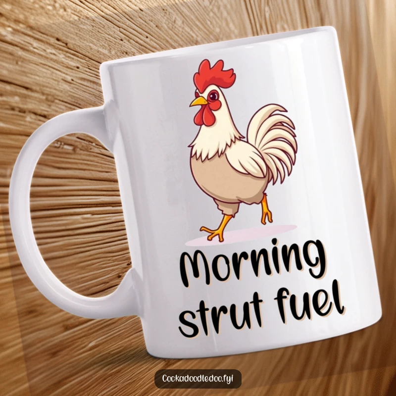 Funny mug showing a rooster confidently striding forward with a happy expression, perfect for a cheerful morning gift.