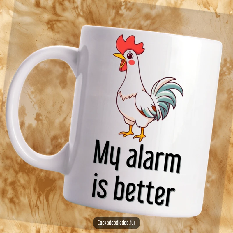 Funny Kawaii Rooster Mug with neck stretched tall, joyfully crowing at sunrise, perfect for coffee lovers seeking humor.