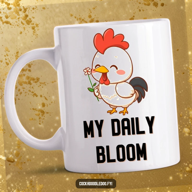 Funny Kawaii rooster mug featuring a cheerful character holding a tiny flower with a proud, beaming smile. Adorable and heartwarming.