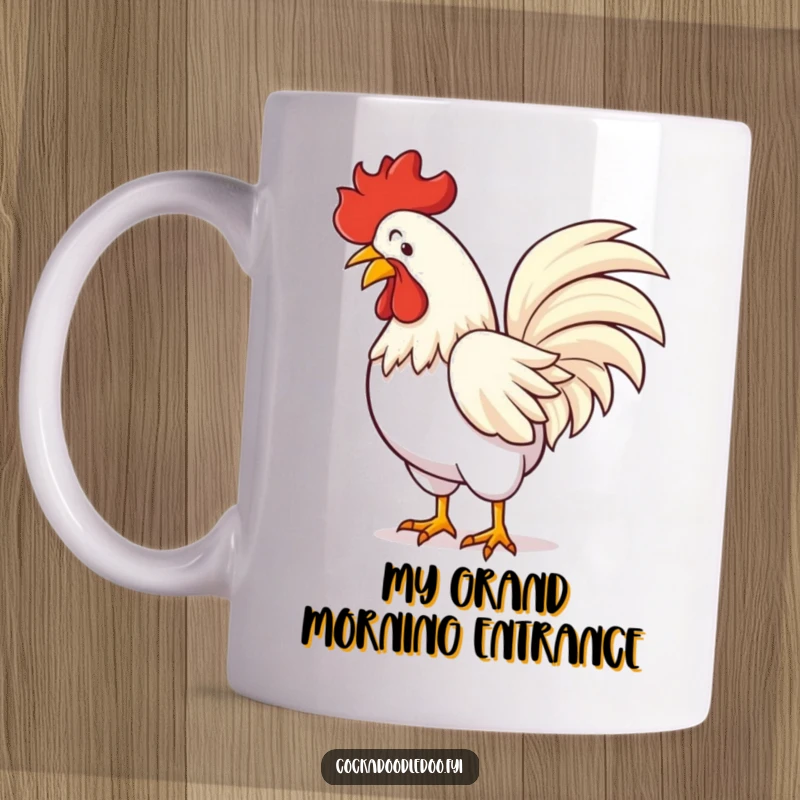 Funny mug featuring a majestic rooster performing a flamboyant bow with an exaggerated tail feather flourish.