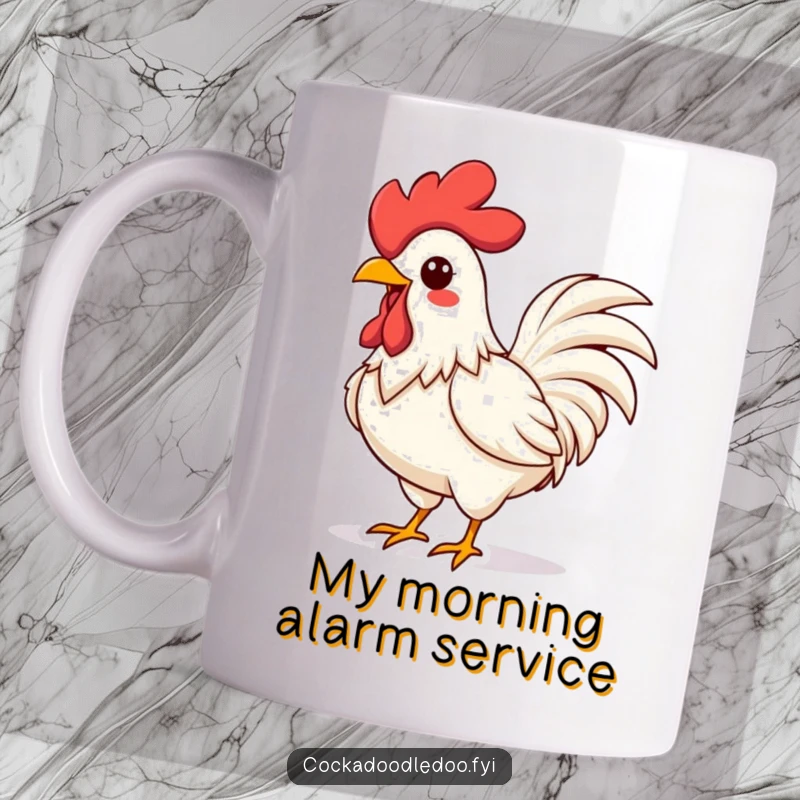 Funny Kawaii Rooster Mug: Energetic, vibrant rooster crowing with puffed chest, radiating morning cheer.