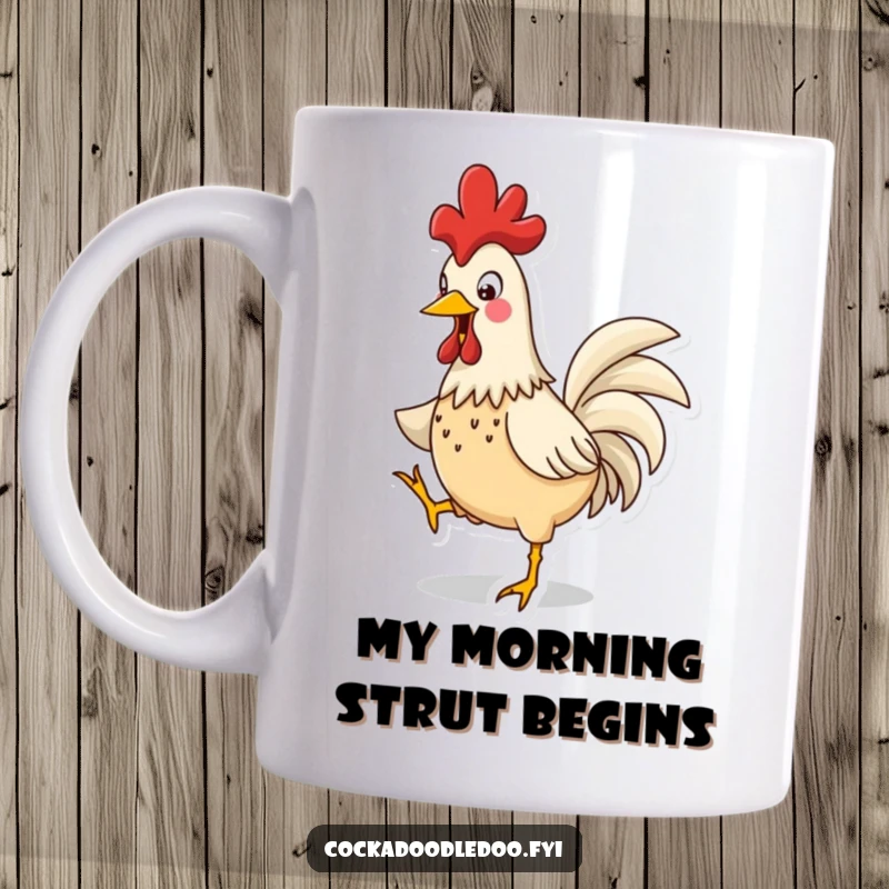 Funny Rooster Jig Mug: A cartoon rooster energetically dancing with its comb bobbing, bringing joy and laughter.