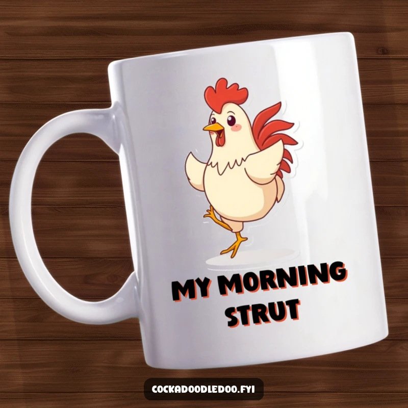 Funny mug featuring a cheerful rooster character energetically dancing with its feet, bringing joyous farm life vibes.