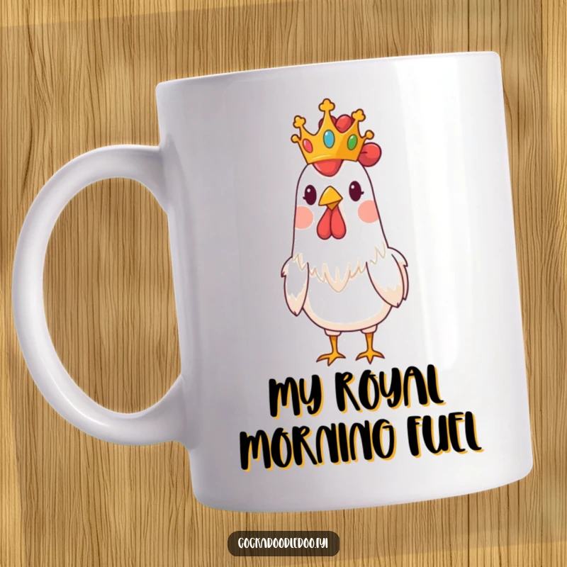 Funny mug depicting a rooster wearing a small, golden crown, looking surprisingly regal and comically dignified.
