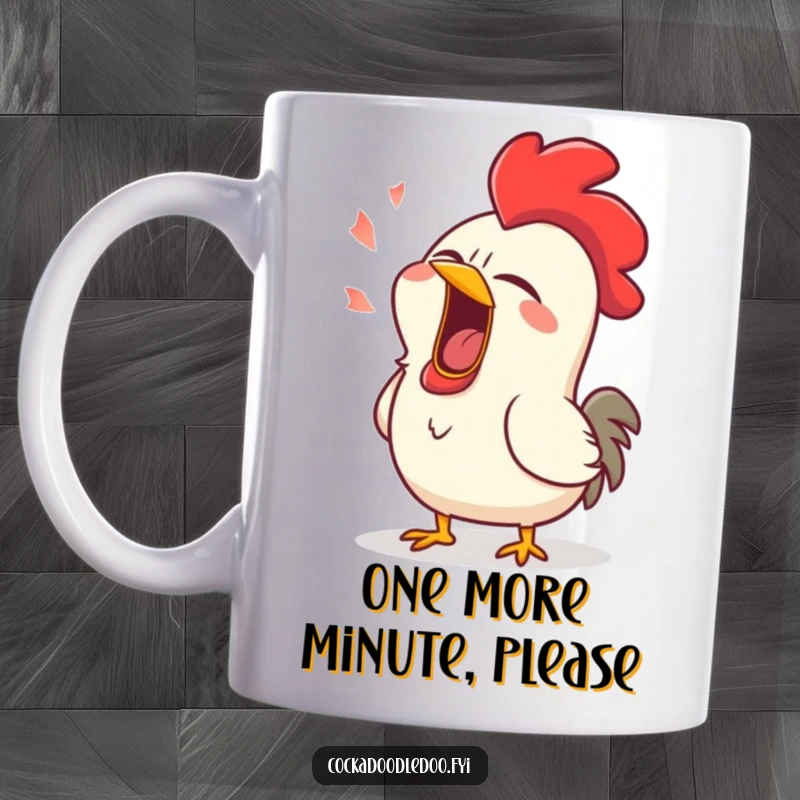 Funny mug featuring a tired rooster letting out a massive, comical yawn, eyes half-closed and beak wide open.
