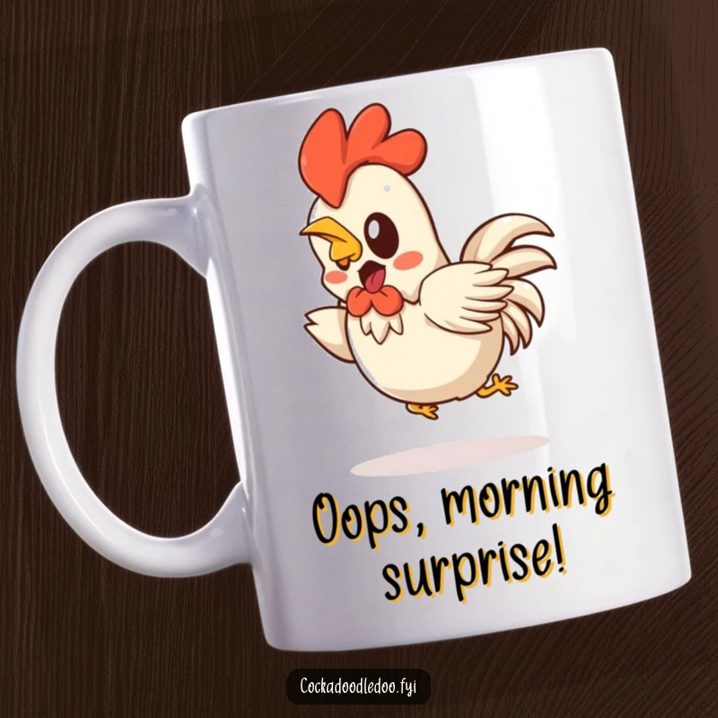Funny Kawaii rooster mug featuring a startled character comically hopping backwards with wide eyes. Expressive and amusing.