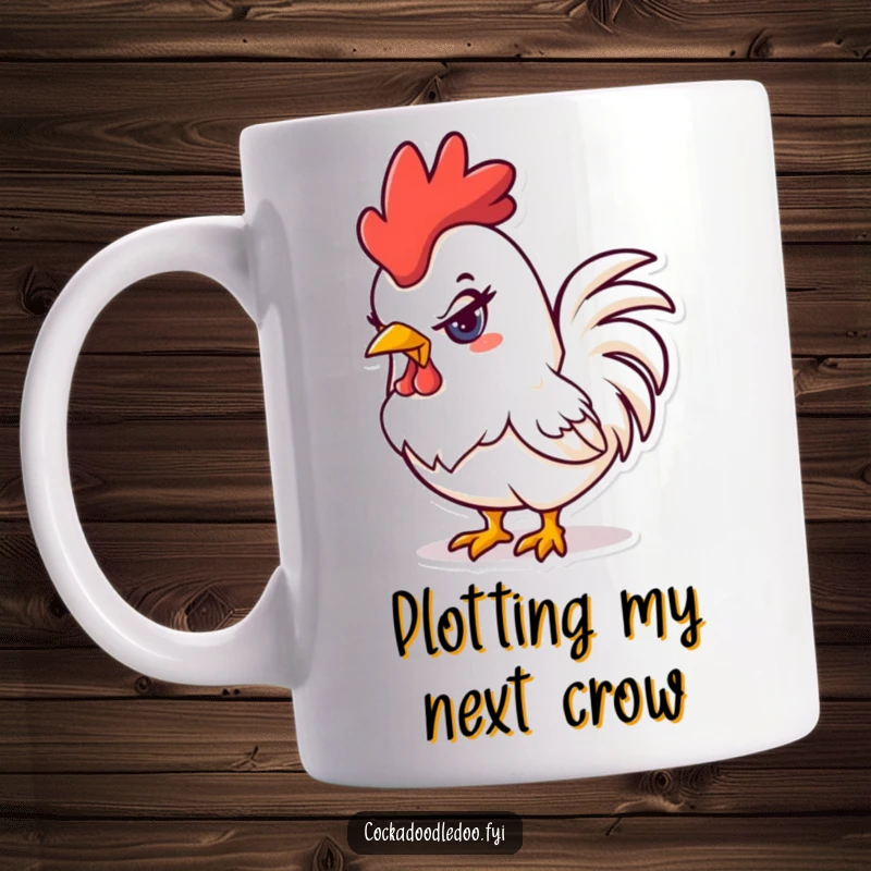 Funny mischievous kawaii rooster mug with a naughty glint in its eye, ready for a prank, a funny gift.