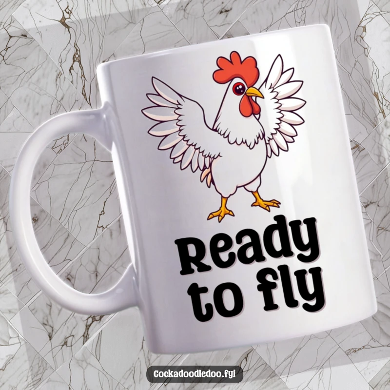Funny Kawaii rooster mug featuring a determined character stretching wings wide in a grand, confident pose. Inspiring and strong.