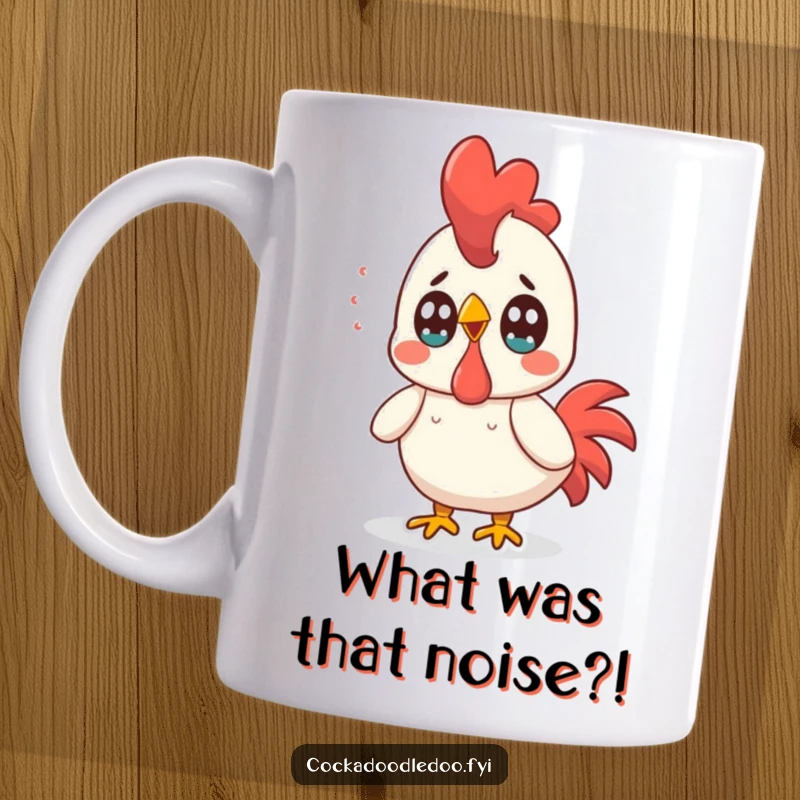 Funny Kawaii Rooster Mug: Surprised rooster with wide eyes, startled by a loud sound, conveying comical shock.