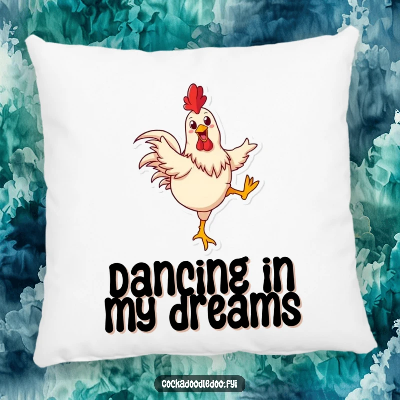 Funny rooster pillow with a happy rooster joyfully kicking its legs in a dance, bringing comical farmyard fun.