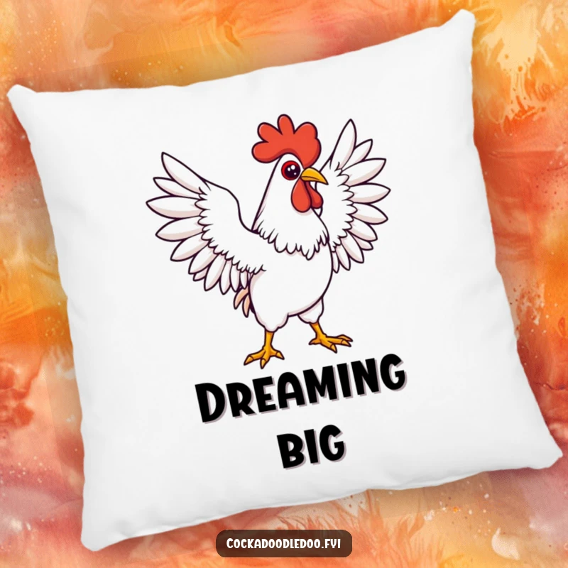 Funny Kawaii rooster pillow with a determined character stretching its wings wide. Soft, supportive, and empowering.