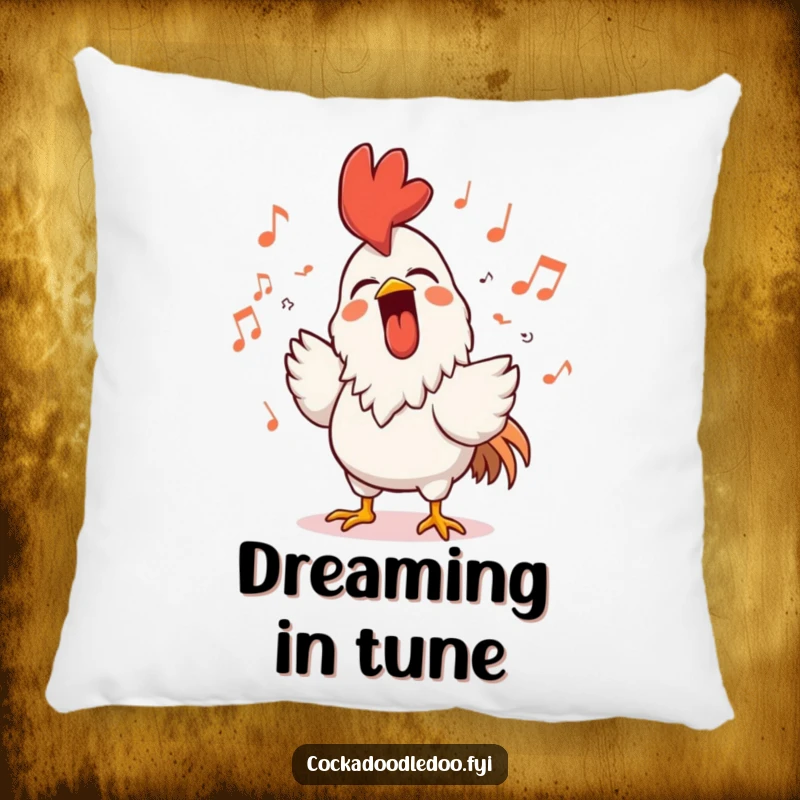 Funny rooster pillow featuring a character singing loudly with a beaming smile, surrounded by musical notes, offering comfort and musical appeal.