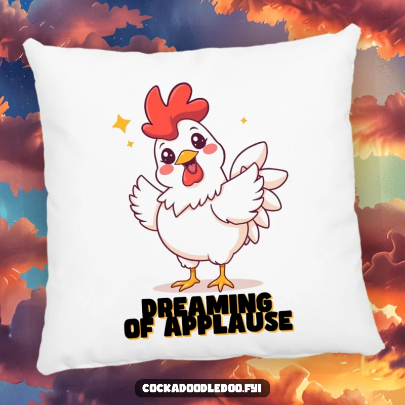 Funny pillow depicting a rooster with a wide grin and sparkling eyes, joyfully doing a celebratory flutter, soft and amusing.