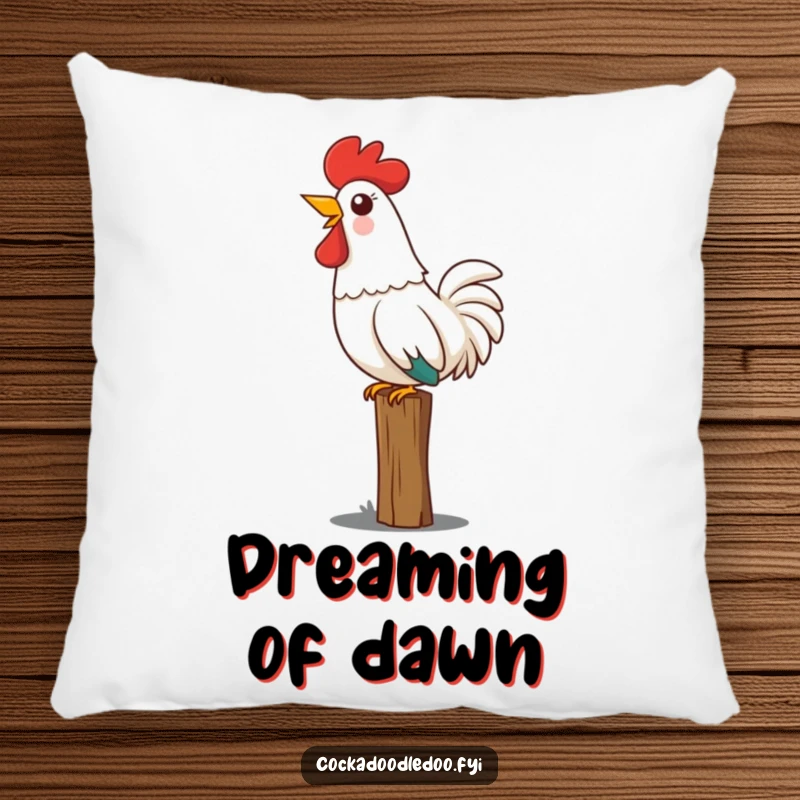 Funny Kawaii rooster pillow featuring a cute rooster perched on a fence, head thrown back joyfully crowing, perfect for cozy mornings.
