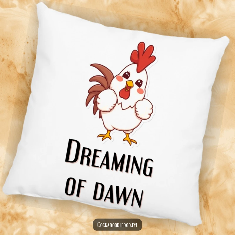 Funny pillow depicting a proud rooster puffing out its chest and crowing with a wide, joyful smile, bringing comfort and a sense of morning pride.