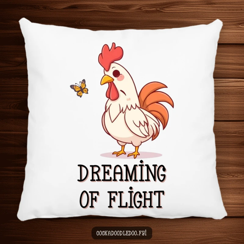Funny pillow with an amused rooster character visually chuckling while watching a butterfly flutter by, offering comfort and charm.