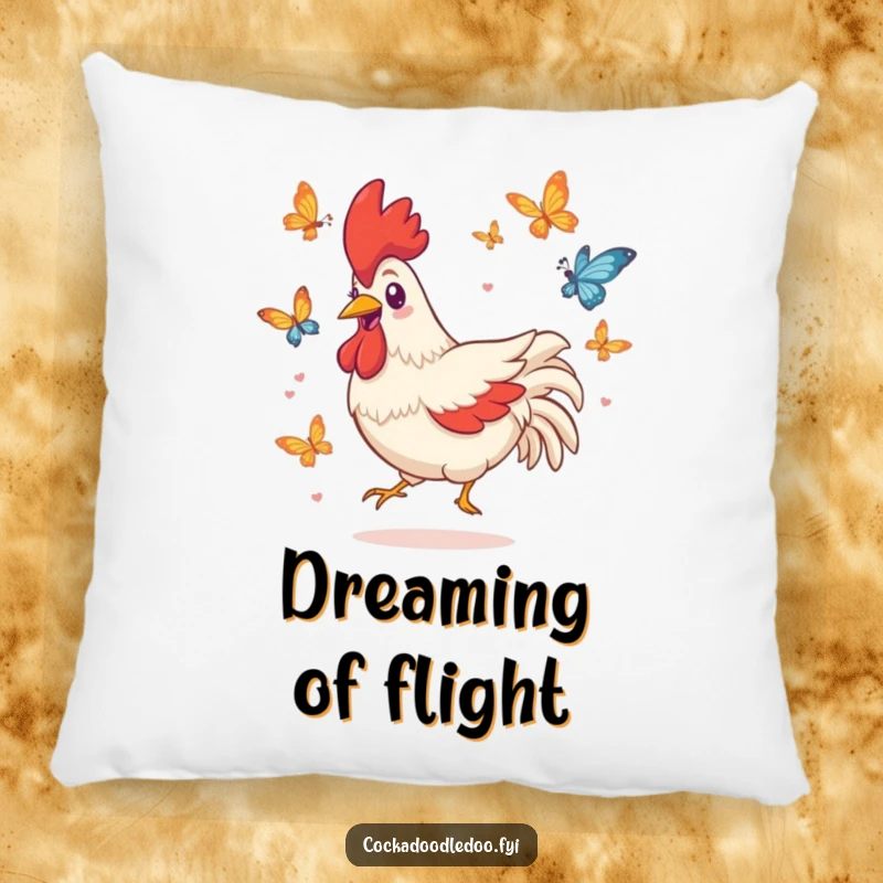 Funny decorative pillow featuring a playful Kawaii rooster character with a happy grin, chasing butterflies.