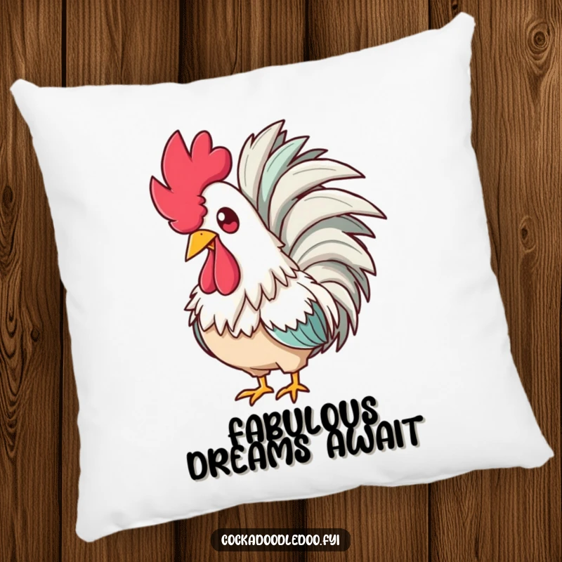 Funny pillow with a glamorous rooster wearing a feathered boa, looking amused, perfect for adding a touch of luxury and humor.