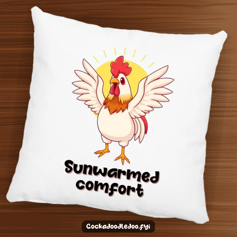 Funny pillow featuring a tranquil rooster basking in sunlight, wings spread wide, offering comfort and a sense of peace.