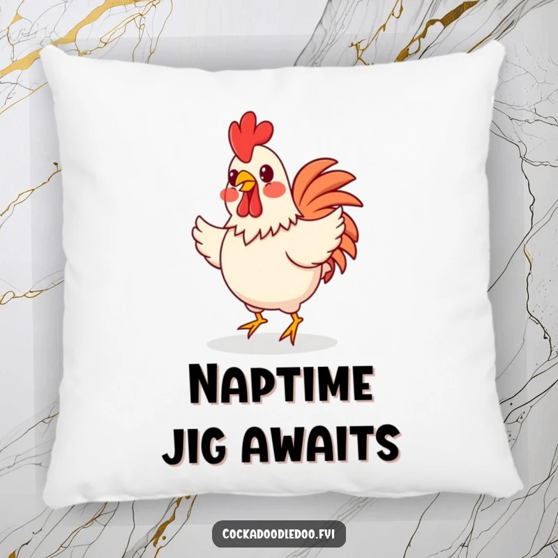 Funny happy rooster doing a little jig on a plush pillow, offering comfort and a cheerful, playful vibe.