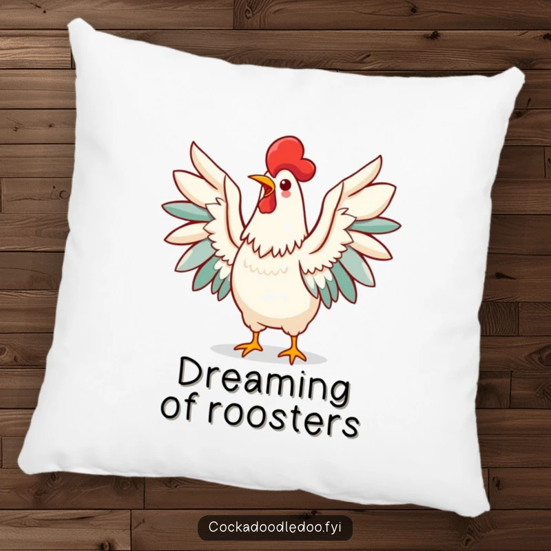 Funny Kawaii Rooster Pillow featuring a joyful bird with wings spread, letting out a loud and happy morning call.