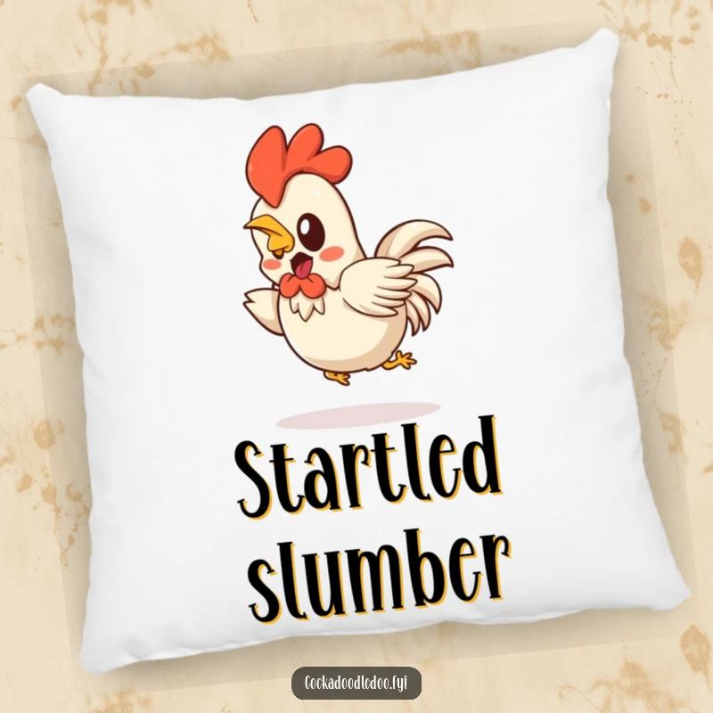 Funny Kawaii rooster pillow featuring a startled character hopping backwards comically. Soft and amusing.