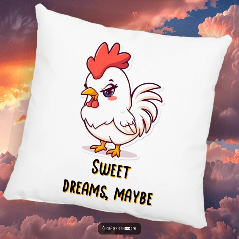 Funny mischievous kawaii rooster pillow featuring a rooster with a naughty glint in its eye, a soft funny gift.