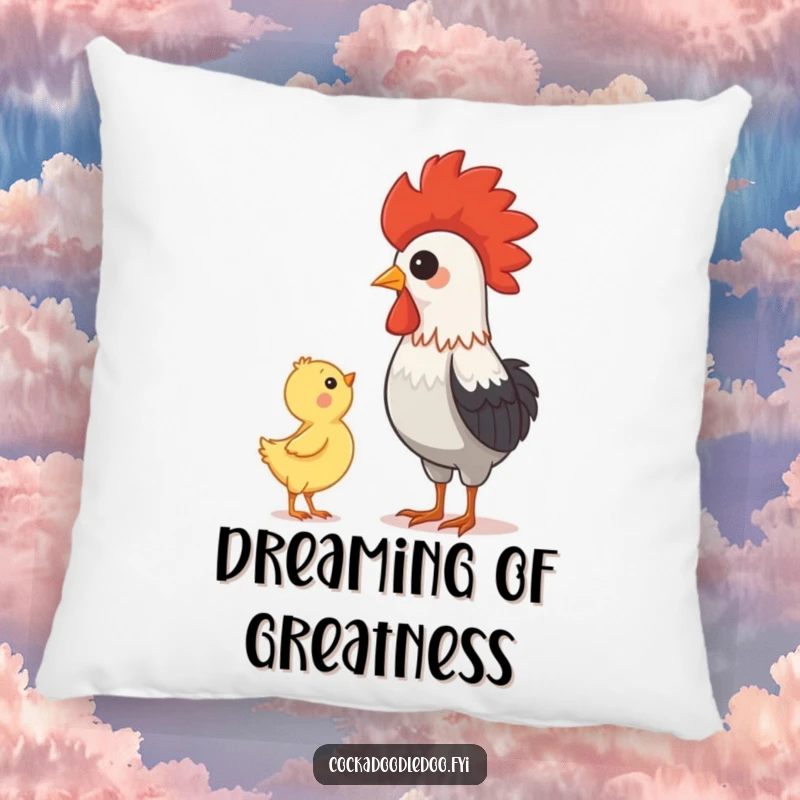 Funny rooster and chick illustration on a plush pillow, evoking feelings of admiration, comfort, and sweet sentiment.