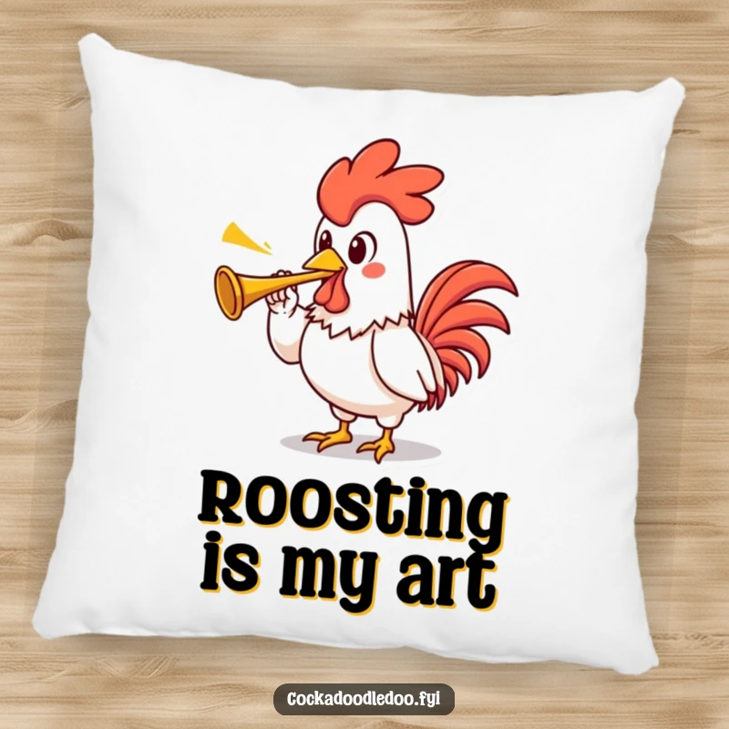 Funny rooster pillow featuring a proud kawaii rooster character with an exaggerated stance, blowing a tiny trumpet, soft and inviting.