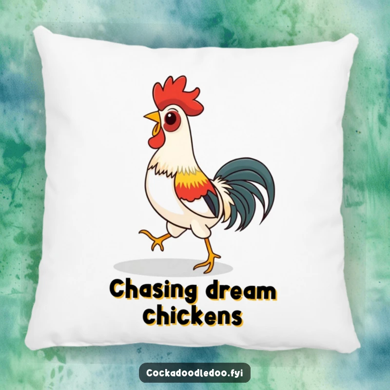 Funny pillow design of a rooster playfully chasing its shadow, adding a touch of silliness and cheer to furniture.