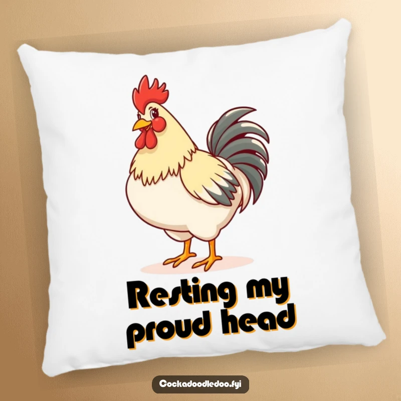 Funny pillow showcasing a happy rooster strutting with its chest puffed out, bringing comfort and a dose of cheerful confidence.