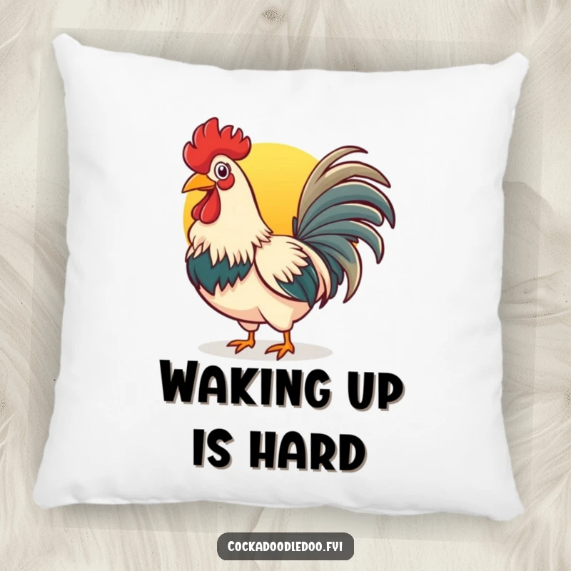 Funny rooster pillow featuring a cheerful bird crowing at the sunrise, adding comfort and humor to any room.