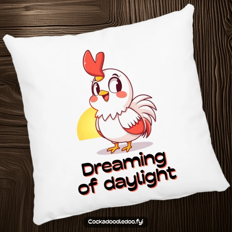 Funny Pillow featuring a rooster's awestruck face and cheerful grin at the sunrise, offering plush comfort and humor.