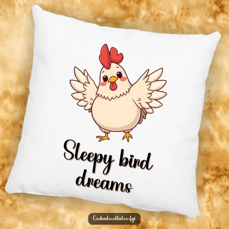 Funny pillow showcasing a plump, cute rooster with a cheerful expression stretching its wings wide. Softness meets farmyard fun.