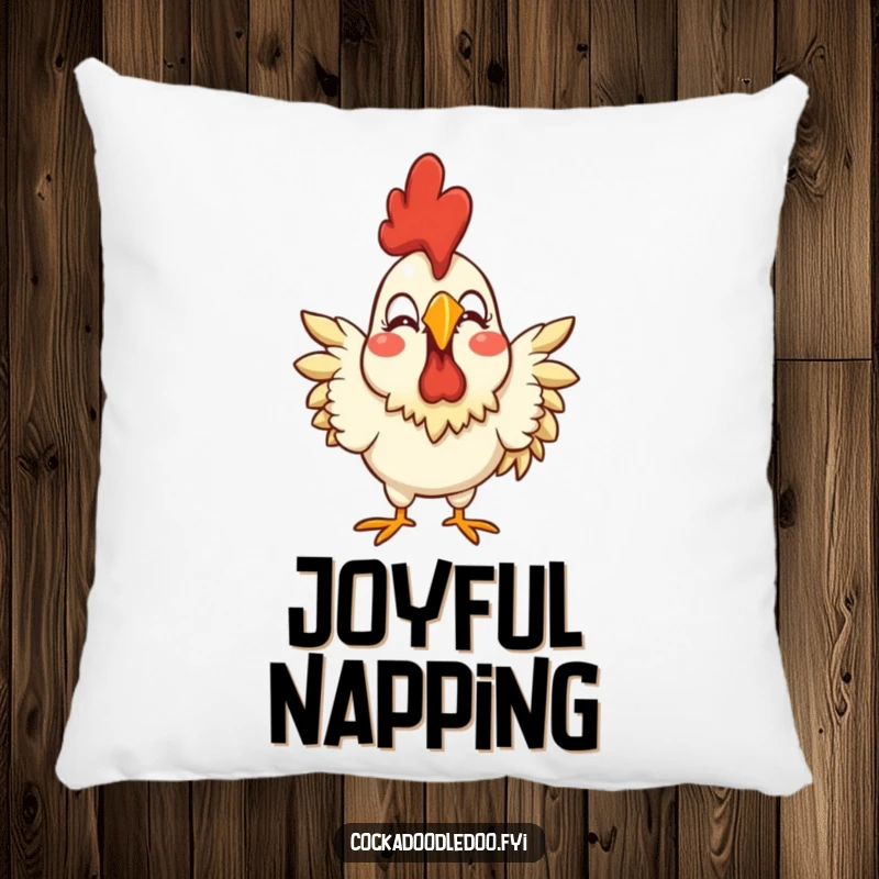 Funny pillow design of a stylized rooster with an exaggerated joyful expression, adding cheerful comfort and personality.