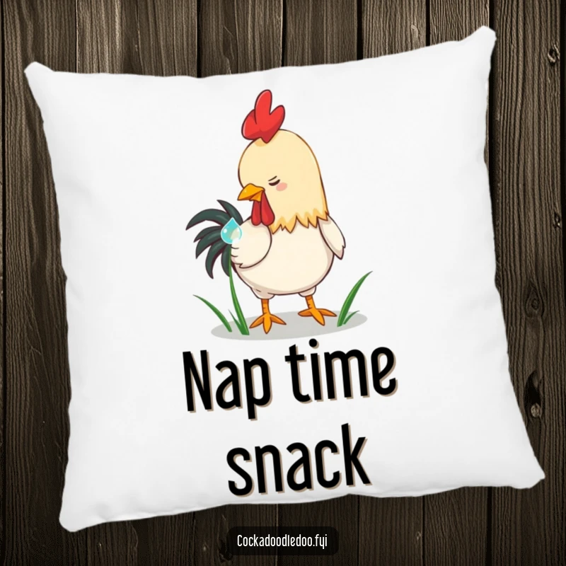 Funny playful rooster pillow, pecking a dewdrop on grass. A soft, humorous decor piece for nature lovers, a great funny gift.