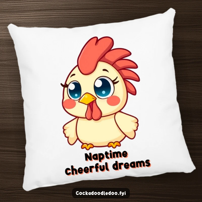 Funny Kawaii Rooster Pillow depicting a happy bird with wide, bright eyes, beaming with contagious morning cheer and joy.