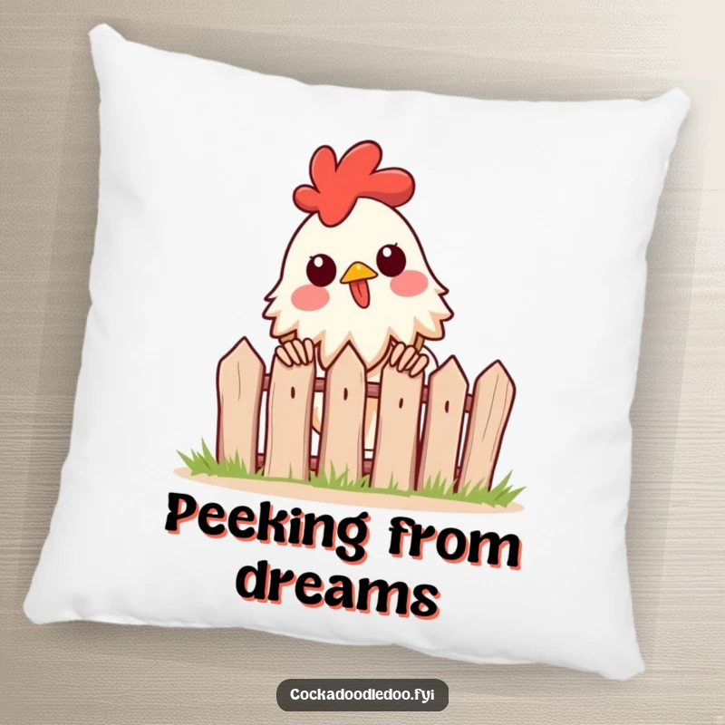 Funny pillow showcasing an excited rooster peeking over a tiny fence, bringing comfort and a sense of playful curiosity.