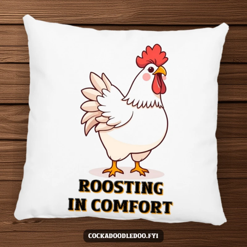 Soft pillow featuring a funny kawaii rooster character proudly crowing with its chest puffed out.