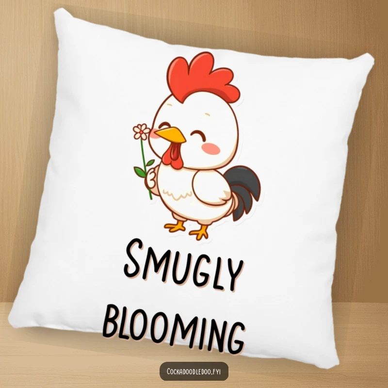 Funny Kawaii rooster pillow with a cheerful character holding a tiny flower and smiling proudly. Soft, comfortable, and cute.