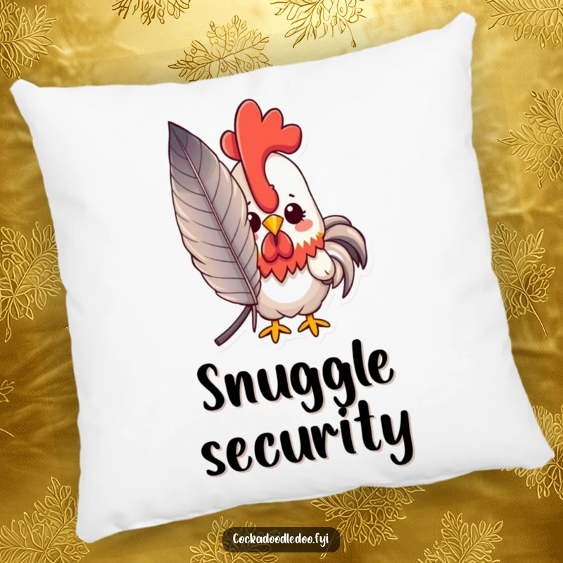 Funny peeking kawaii rooster pillow featuring a shy rooster peeking from behind a large feather, a soft funny gift.