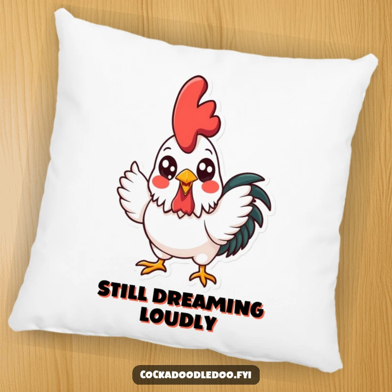 Funny, bright-eyed kawaii rooster crowing with gusto, featured on a soft pillow, offering comfort and morning cheer.