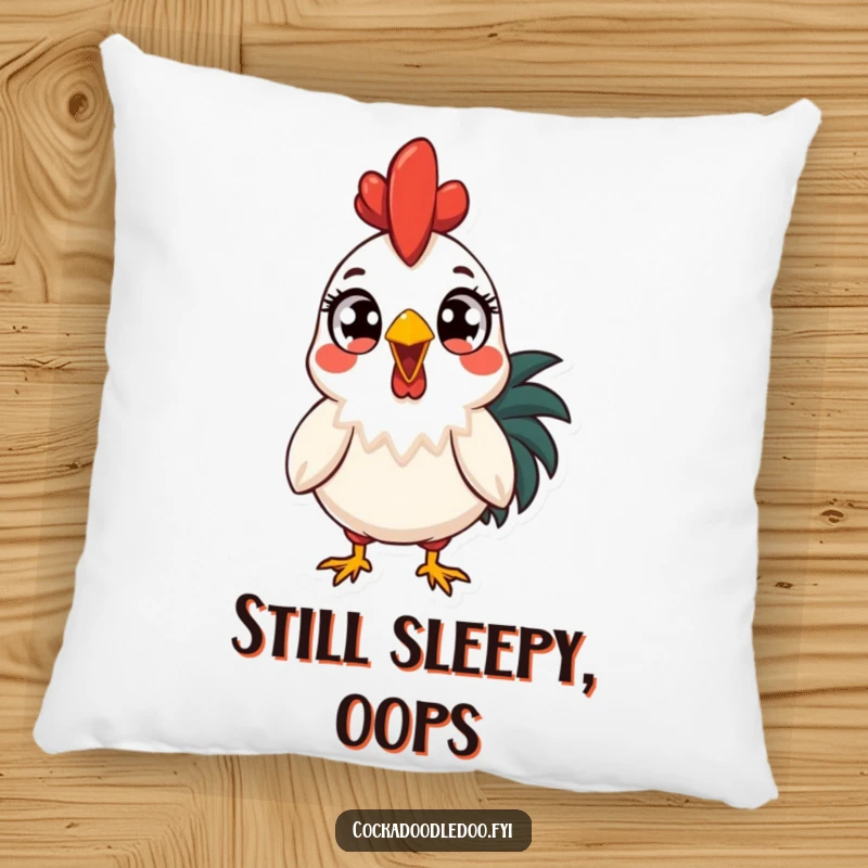 Funny surprised rooster pillow, wide-eyed at the sunrise. A soft, humorous decor piece, perfect for adding a laugh to any room.