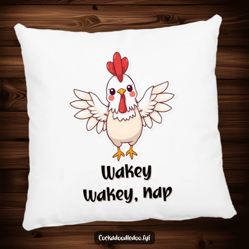 Funny kawaii rooster pillow featuring a cheerful rooster with wings spread wide in a greeting, a soft funny gift.