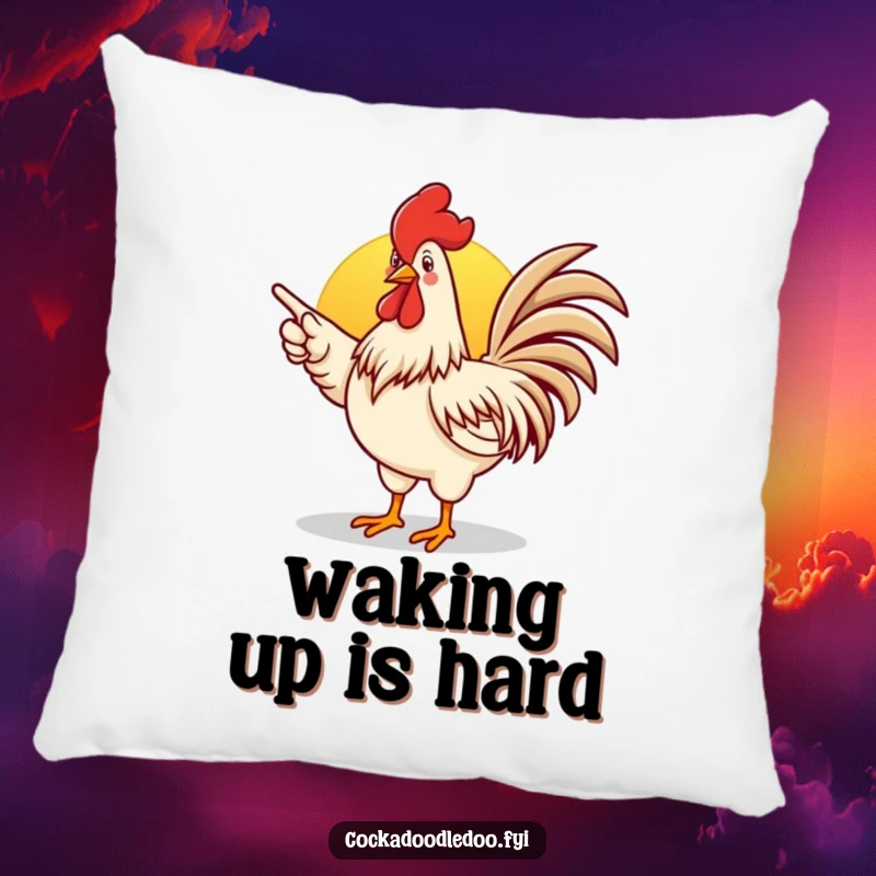 Funny rooster pillow featuring an enthusiastic rooster pointing towards a sunrise, perfect for sofa decor.