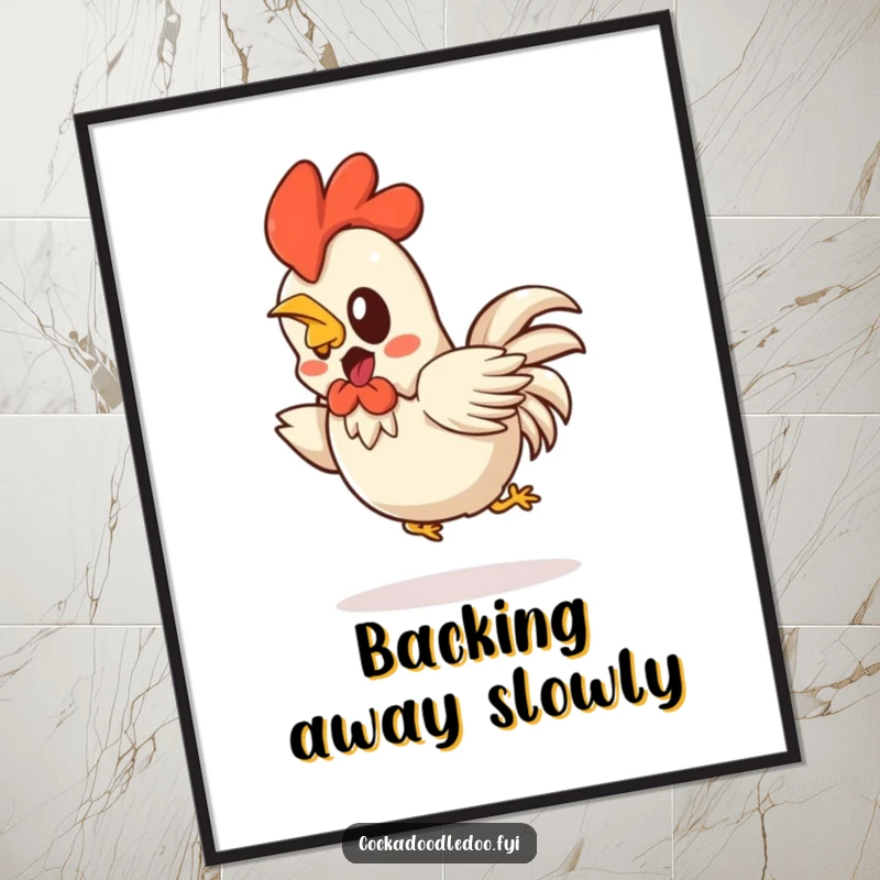 Funny Kawaii rooster digital art print of a startled character hopping backwards comically. Humorous and eye-catching.