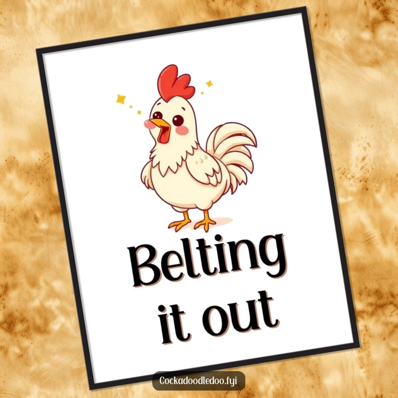 Funny rooster digital art print of a rooster singing with a comical expression, head thrown back joyfully.