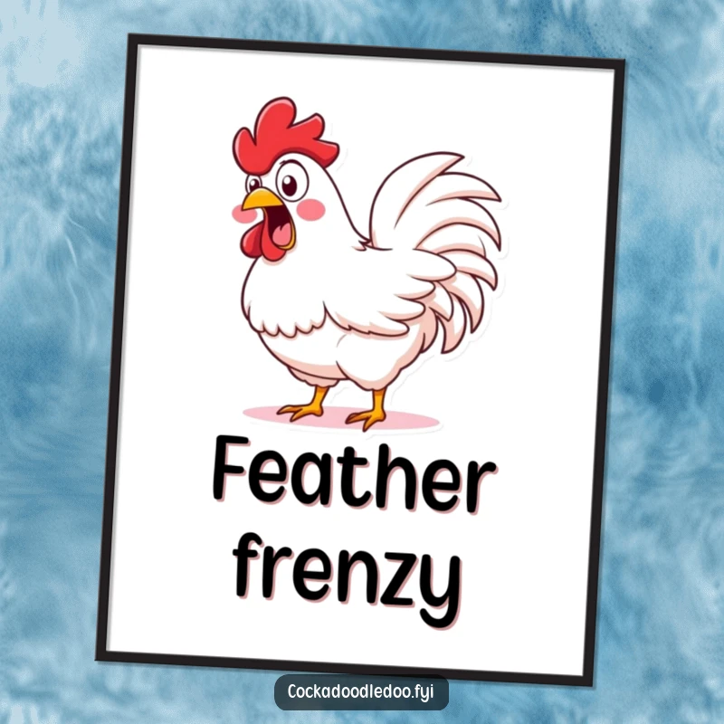 Funny Shocked Rooster Digital Art: Printable artwork of a rooster with wide, surprised eyes, shaking its fluffy tail feathers.